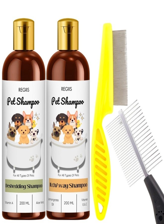 Regiis Pet Shampoo Set with Deshedding and Itch Away Formula, 200ml Each, with Double-Sided Pet Grooming Comb, for All Types of Pets(Pack of 4) - Image 1